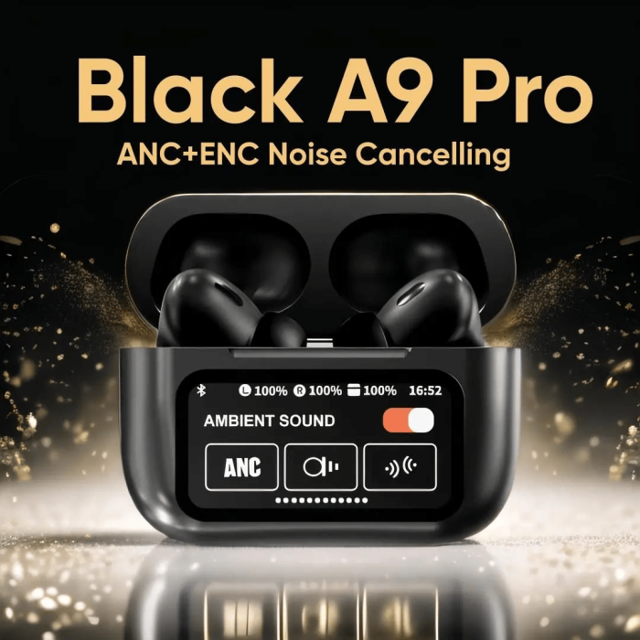 A9 Pro ANC Touch Screen Display Earbuds - Black - Image 1