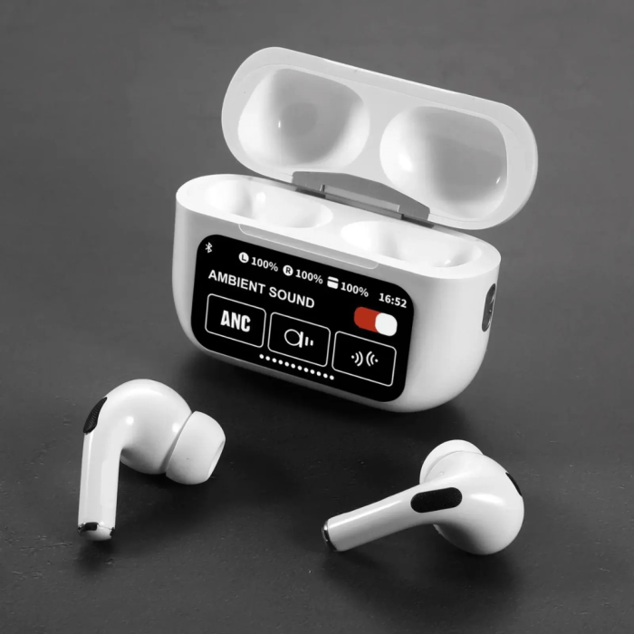 A9 Pro ANC Touch Screen Display Earbuds - White - Image 1