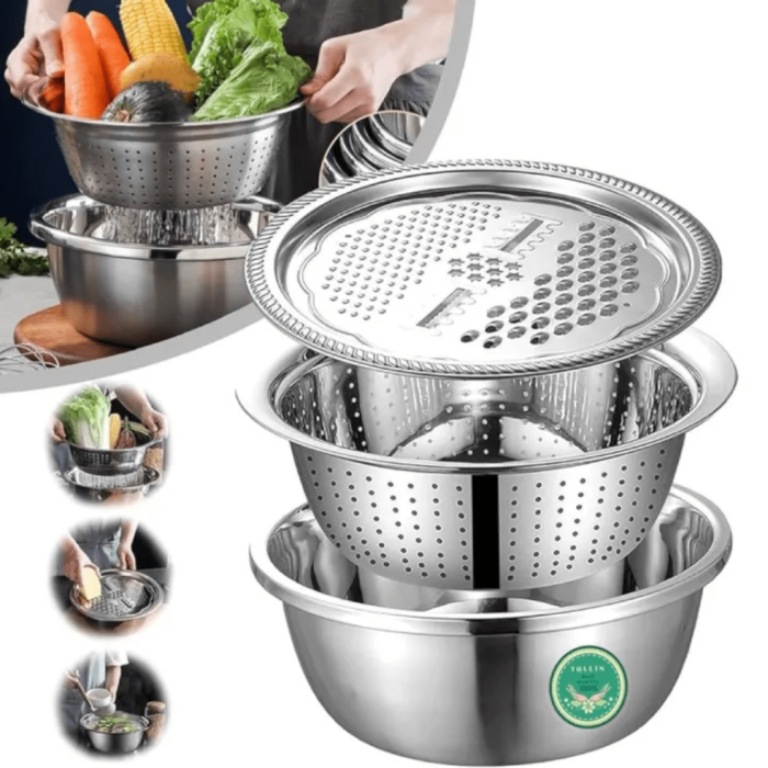 Stainless Steel Vegetable Cutter and Drain Basket - Image 1